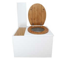 Toilette sèche avec bac à copeaux de bois. bois blanc, abattant bambou. Livré complet avec bavette inox et seau 22 litres