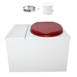 Toilette sèche avec bac à copeaux de bois. peinte en blanc. abattant rouge. Livrée avec bavette inox et seau 22 litres