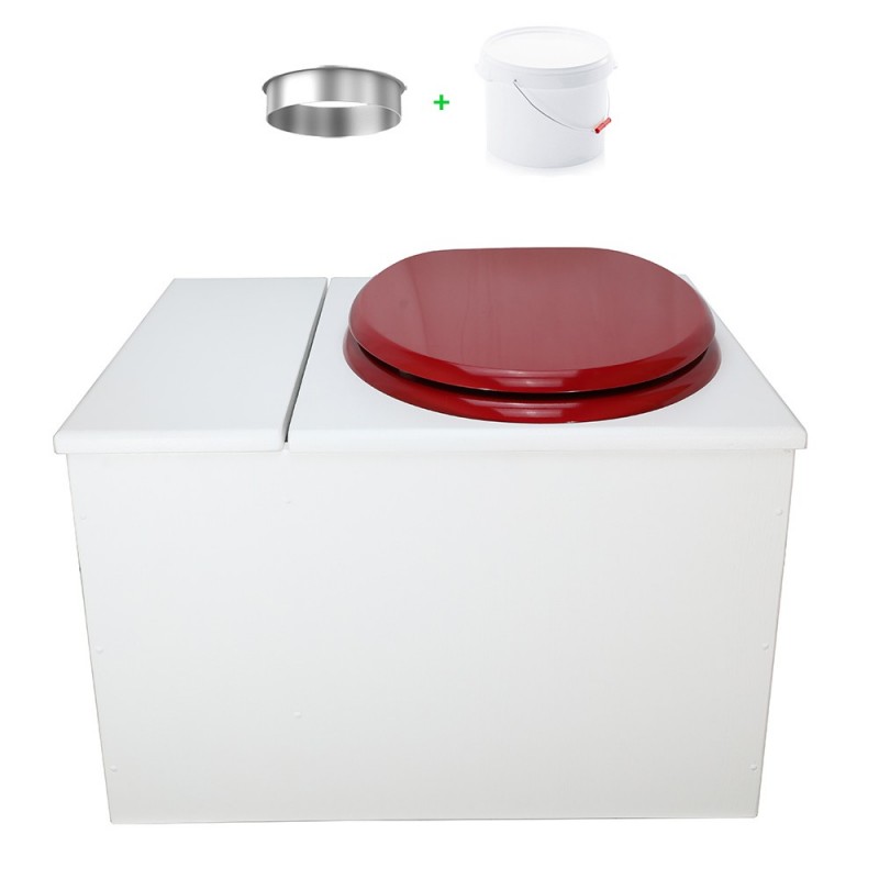 Toilette sèche avec bac à copeaux de bois. peinte en blanc. abattant rouge. Livrée avec bavette inox et seau 22 litres