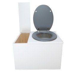 Toilette sèche avec bac à copeaux de bois. peinte en blanc. abattant gris. Livrée avec bavette inox et seau 22 litres