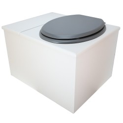 Toilette sèche avec bac à copeaux de bois. peinte en blanc. abattant gris. Livrée avec bavette inox et seau 22 litres