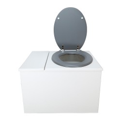 Toilette sèche avec bac à copeaux de bois. peinte en blanc. abattant gris. Livrée avec bavette inox et seau 22 litres