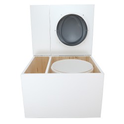 Toilette sèche avec bac à copeaux de bois. peinte en blanc. abattant gris. Livrée avec bavette inox et seau 22 litres