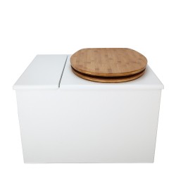 Toilette sèche avec bac à copeaux de bois. bois blanc, abattant bambou. Livré complet avec bavette inox et seau inox 22 litres
