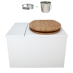 Toilette sèche avec bac à copeaux de bois. bois blanc, abattant bambou. Livré complet avec bavette inox et seau inox 22 litres