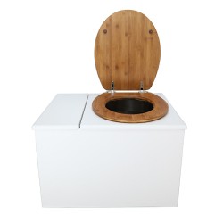 Toilette sèche avec bac à copeaux de bois. bois blanc, abattant bambou. Livré complet avec bavette inox et seau inox 22 litres
