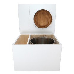 Toilette sèche avec bac à copeaux de bois. bois blanc, abattant bambou. Livré complet avec bavette inox et seau inox 22 litres