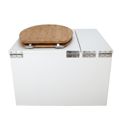 Toilette sèche avec bac à copeaux de bois. bois blanc, abattant bambou. Livré complet avec bavette inox et seau inox 22 litres