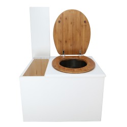 Toilette sèche avec bac à copeaux de bois. bois blanc, abattant bambou. Livré complet avec bavette inox et seau inox 22 litres