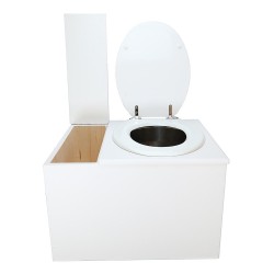 Toilette sèche avec bac à copeaux de bois. bois blanc, abattant blanc. Livré complet avec bavette inox et seau inox 22 litres