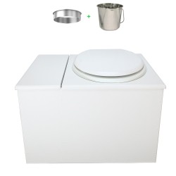 Toilette sèche avec bac à copeaux de bois. bois blanc, abattant blanc. Livré complet avec bavette inox et seau inox 22 litres
