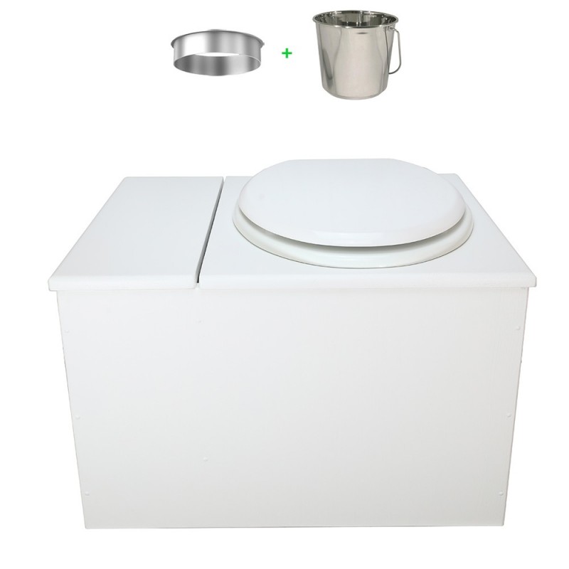 Toilette sèche avec bac à copeaux de bois. bois blanc, abattant blanc. Livré complet avec bavette inox et seau inox 22 litres