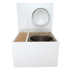Toilette sèche avec bac à copeaux de bois. bois blanc, abattant blanc. Livré complet avec bavette inox et seau inox 22 litres