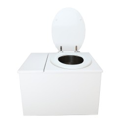 Toilette sèche avec bac à copeaux de bois. bois blanc, abattant blanc. Livré complet avec bavette inox et seau inox 22 litres