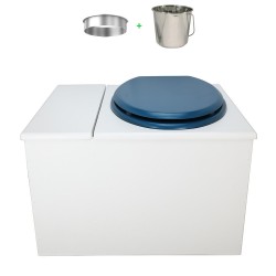 Toilette sèche avec bac à copeaux de bois. bois blanc, abattant bleu. Livré complet avec bavette inox et seau inox 22 litres