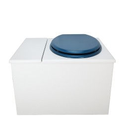 Toilette sèche avec bac à copeaux de bois. bois blanc, abattant bleu. Livré complet avec bavette inox et seau inox 22 litres