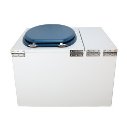 Toilette sèche avec bac à copeaux de bois. bois blanc, abattant bleu. Livré complet avec bavette inox et seau inox 22 litres