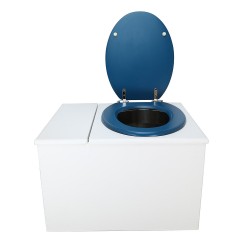 Toilette sèche avec bac à copeaux de bois. bois blanc, abattant bleu. Livré complet avec bavette inox et seau inox 22 litres
