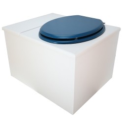 Toilette sèche avec bac à copeaux de bois. bois blanc, abattant bleu. Livré complet avec bavette inox et seau inox 22 litres