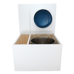 Toilette sèche avec bac à copeaux de bois. bois blanc, abattant bleu. Livré complet avec bavette inox et seau inox 22 litres