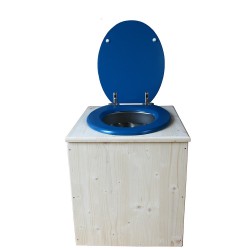 toilette sèche en bois avec seau inox et bavette inox avec abattant bois bleu nuit - modèle rehaussé PMR