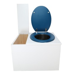Toilette sèche avec bac à copeaux de bois. bois blanc, abattant bleu. Livré complet avec bavette inox et seau inox 22 litres