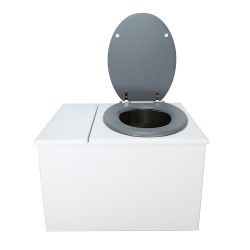 Toilette sèche avec bac à copeaux de bois. bois blanc, abattant gris. Livré avec bavette inox et seau inox 22 litres