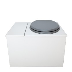 Toilette sèche avec bac à copeaux de bois. bois blanc, abattant gris. Livré avec bavette inox et seau inox 22 litres