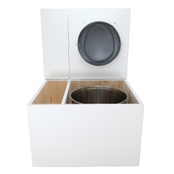 Toilette sèche avec bac à copeaux de bois. bois blanc, abattant gris. Livré avec bavette inox et seau inox 22 litres