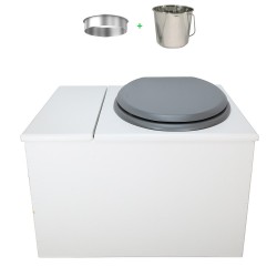 Toilette sèche avec bac à copeaux de bois. bois blanc, abattant gris. Livré avec bavette inox et seau inox 22 litres