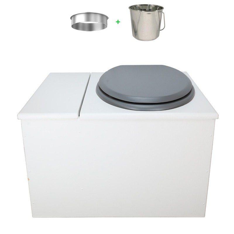 Toilette sèche avec bac à copeaux de bois. bois blanc, abattant gris. Livré avec bavette inox et seau inox 22 litres