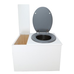 Toilette sèche avec bac à copeaux de bois. bois blanc, abattant gris. Livré avec bavette inox et seau inox 22 litres