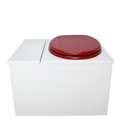 Toilette sèche avec bac à copeaux de bois. bois blanc, abattant rouge. Livré avec bavette inox et seau inox 22 litres