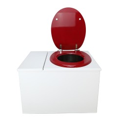 Toilette sèche avec bac à copeaux de bois. bois blanc, abattant rouge. Livré avec bavette inox et seau inox 22 litres