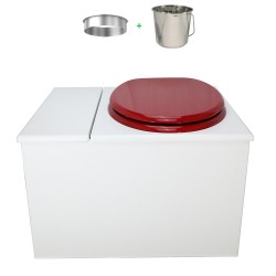 Toilette sèche avec bac à copeaux de bois. bois blanc, abattant rouge. Livré avec bavette inox et seau inox 22 litres