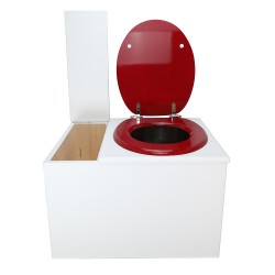 Toilette sèche avec bac à copeaux de bois. bois blanc, abattant rouge. Livré avec bavette inox et seau inox 22 litres