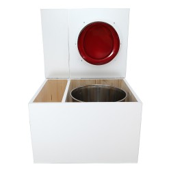 Toilette sèche avec bac à copeaux de bois. bois blanc, abattant rouge. Livré avec bavette inox et seau inox 22 litres