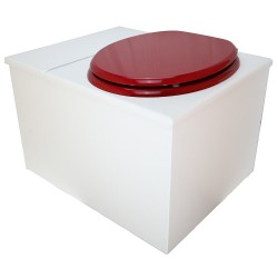 Toilette sèche avec bac à copeaux de bois. bois blanc, abattant rouge. Livré avec bavette inox et seau inox 22 litres