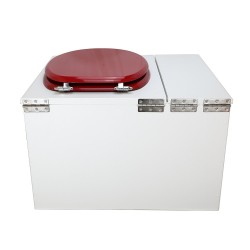 Toilette sèche avec bac à copeaux de bois. bois blanc, abattant rouge. Livré avec bavette inox et seau inox 22 litres