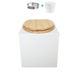 Toilette sèche en bois blanc complète avec seau 20L plastique, bavette inox, abattant bois huilé