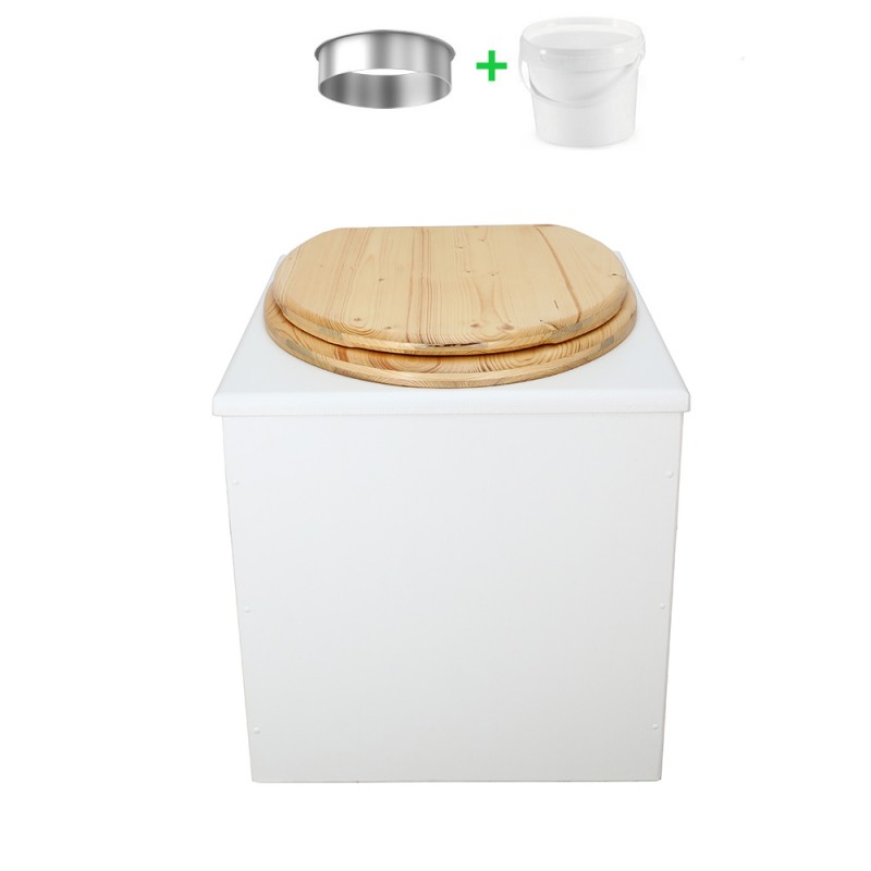 Toilette sèche en bois blanc complète avec seau 20L plastique, bavette inox, abattant bois huilé