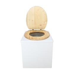 Toilette sèche en bois blanc complète avec seau 20L plastique, bavette inox, abattant bois huilé