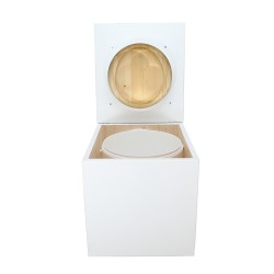 Toilette sèche en bois blanc complète avec seau 20L plastique, bavette inox, abattant bois huilé