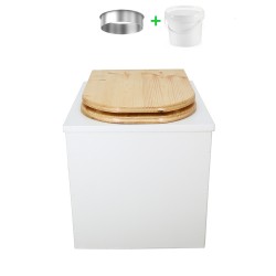 Toilette sèche en bois blanc complète avec seau 20L plastique, bavette inox, abattant "D" en bois huilé