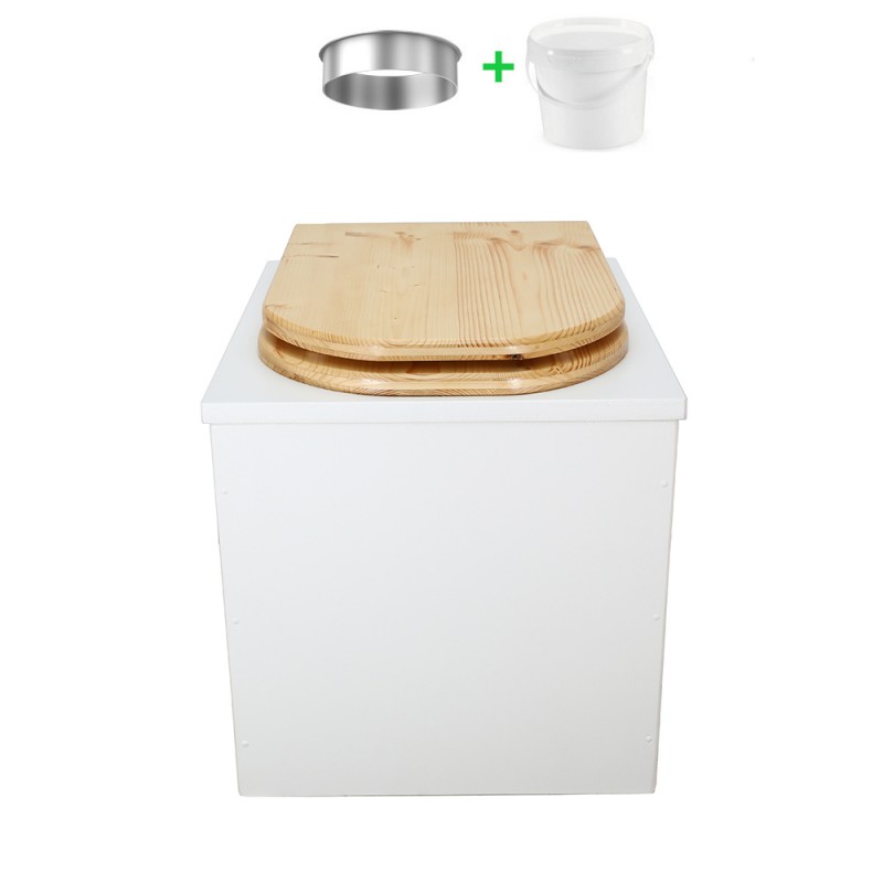 Toilette sèche en bois blanc complète avec seau 20L plastique, bavette inox, abattant "D" en bois huilé Toilette sèche en bois blanc complète avec seau 20L plastique, bavette inox, abattant "D" en bois huilé