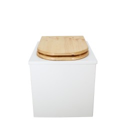 Toilette sèche en bois blanc complète avec seau 20L plastique, bavette inox, abattant "D" en bois huilé
