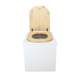 Toilette sèche en bois blanc complète avec seau 20L plastique, bavette inox, abattant "D" en bois huilé