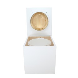 Toilette sèche en bois blanc complète avec seau 20L plastique, bavette inox, abattant "D" en bois huilé