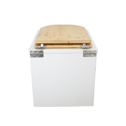 Toilette sèche en bois blanc complète avec seau 20L plastique, bavette inox, abattant "D" en bois huilé