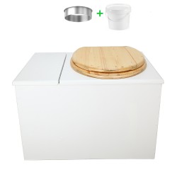 Toilette sèche avec bac intégré en bois blanc complète avec seau 20L plastique, bavette inox, abattant huilé